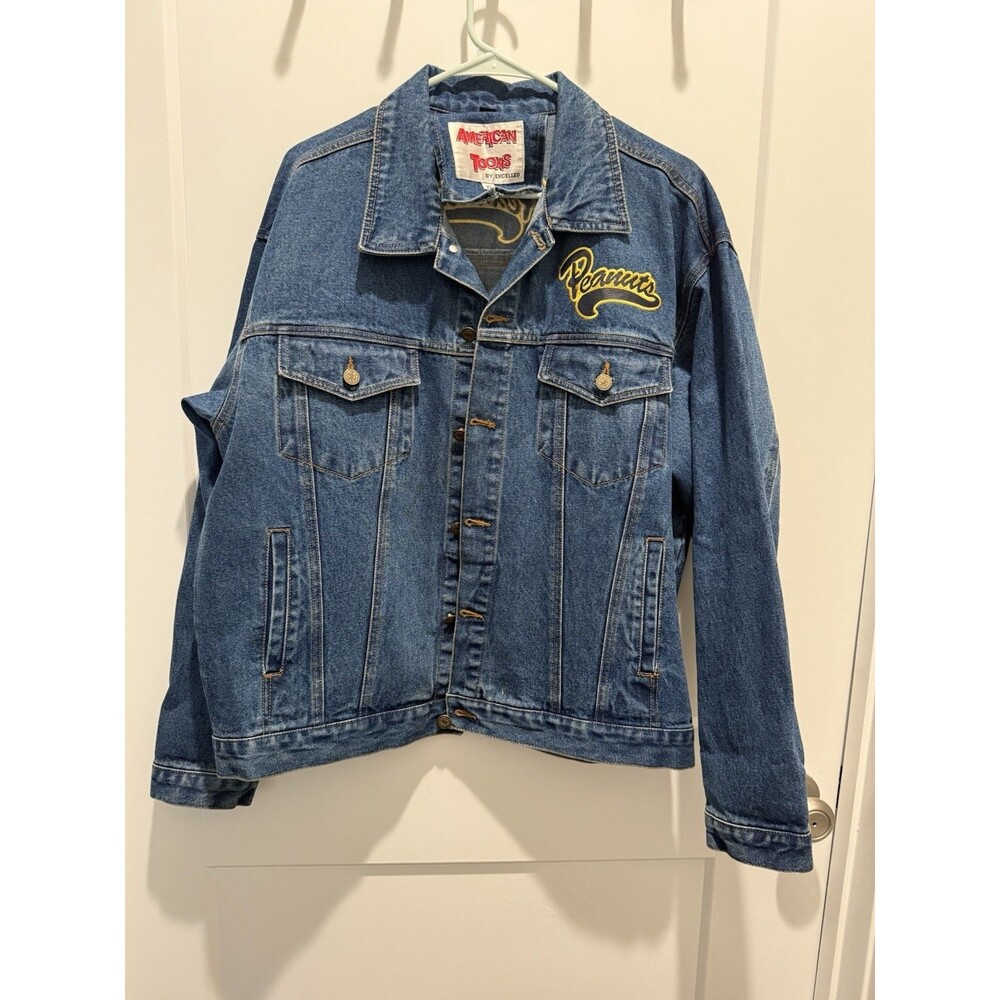 American Toons By Excelled VTG Peanuts Vintage Denim Jacket XL Leather Patch